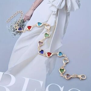 Silvertone Multi Color Heart Bracelet 6.5 w/ 2" extender